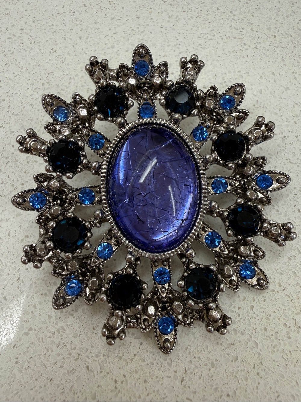 Purple Crackle Glass Blue Rhinestone Statement Brooch
